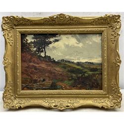 Thomas (Tom) Edwin Mostyn ROI RWA RCA (British 1864-1930): Wooded Upland Landscape, oil on canvas signed 24cm x 34cm