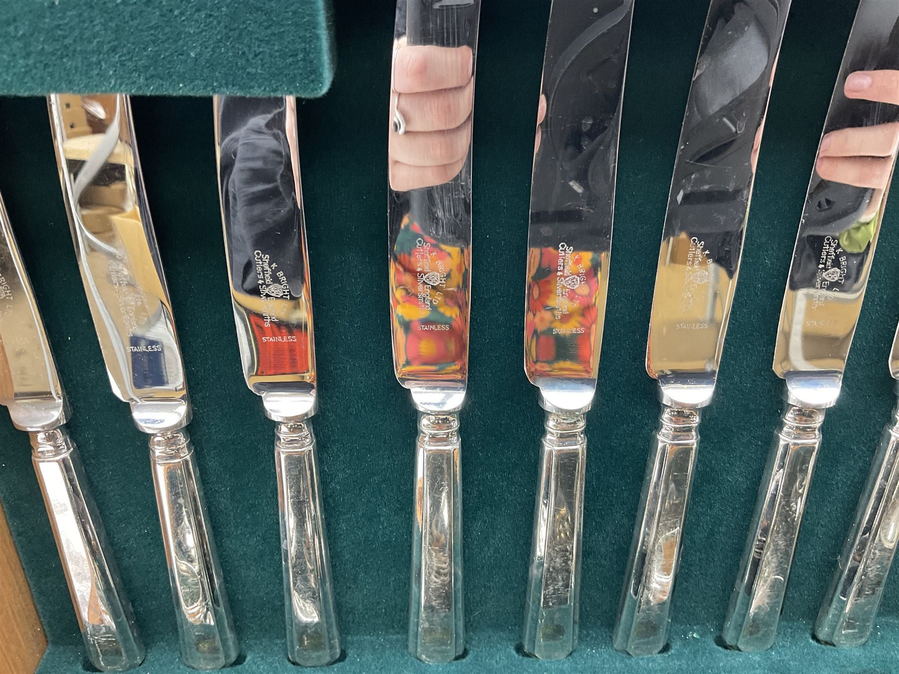 K. Bright Ltd cased canteen of silver plated cutlery, stamped K.B EPNS, in oak case, together with silver plated napkin rings etc