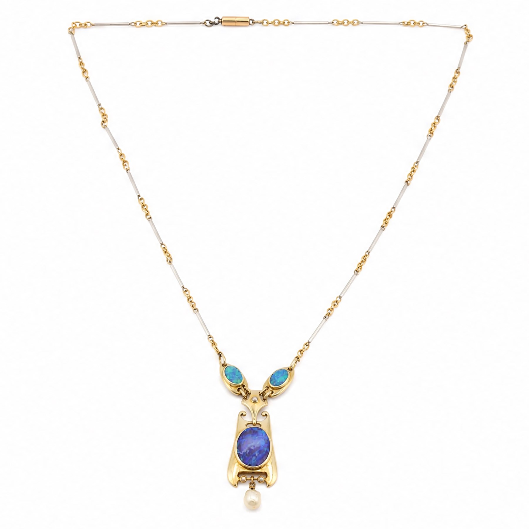 Murrle Bennett & Co Art Nouveau gold boulder opal and pearl pendant, stamped 15ct, on platinum bar and 15ct gold belcher link chain necklace 