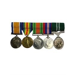 Two WWI medals, comprising War and Victory medal awarded to 308572  Private O Roberts, together with three WWII medals comprising Air Efficiency award, the defence and service medal, awarded to 865692 Corporal O Roberts