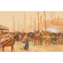 John Atkinson (Staithes Group 1863-1924): 'Unloading the Fleet' at North Shields, watercol...
