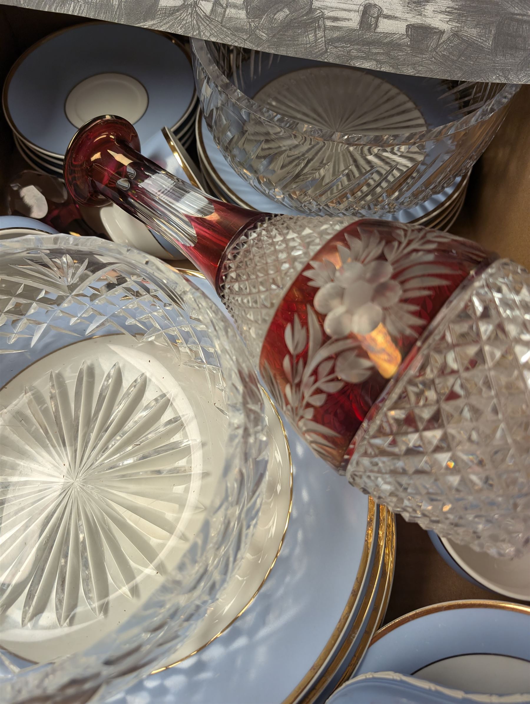 Ruby glass decanter, Doulton part dinner service, two cut glass bowls, pencil drawing and a Wedgwood Jasperware Royal wedding trinket box