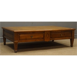  French cherry wood coffee table with through drawers, parquetry top, square tapering supports, W130cm, H39cm, D81cm  
