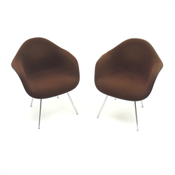  Pair 1970's Charles Eames DAX chairs manufactured by Herman Miller, moulded fibre glass and upholstered seat, chrome supports, W66cm  