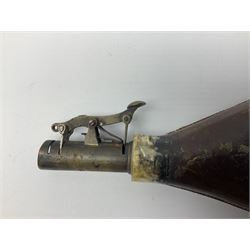 British pattern 1876 socket bayonet with 55cm triangular blade; another smaller socket bayonet; and a leather shot flask, the brass action marked Sykes (3)