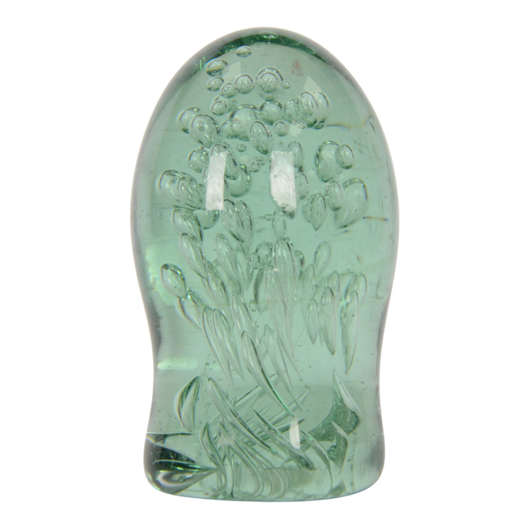 Two Victorian green glass dump paperweights with bubble inclusions, tallest H13cm