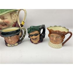 Collection of Royal Doulton and Beswick character jugs of various sizes, including North American Indian D6611, The Falconer D6533,  Tony Weller 281, Sairey Gamp 371 etc