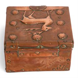 John Pearson  (British, 1859-1930) for Newlyn - Arts & Crafts copper box with central Hart motif, , wood interior, signed JP to the reverse, H8cm, D12cm 