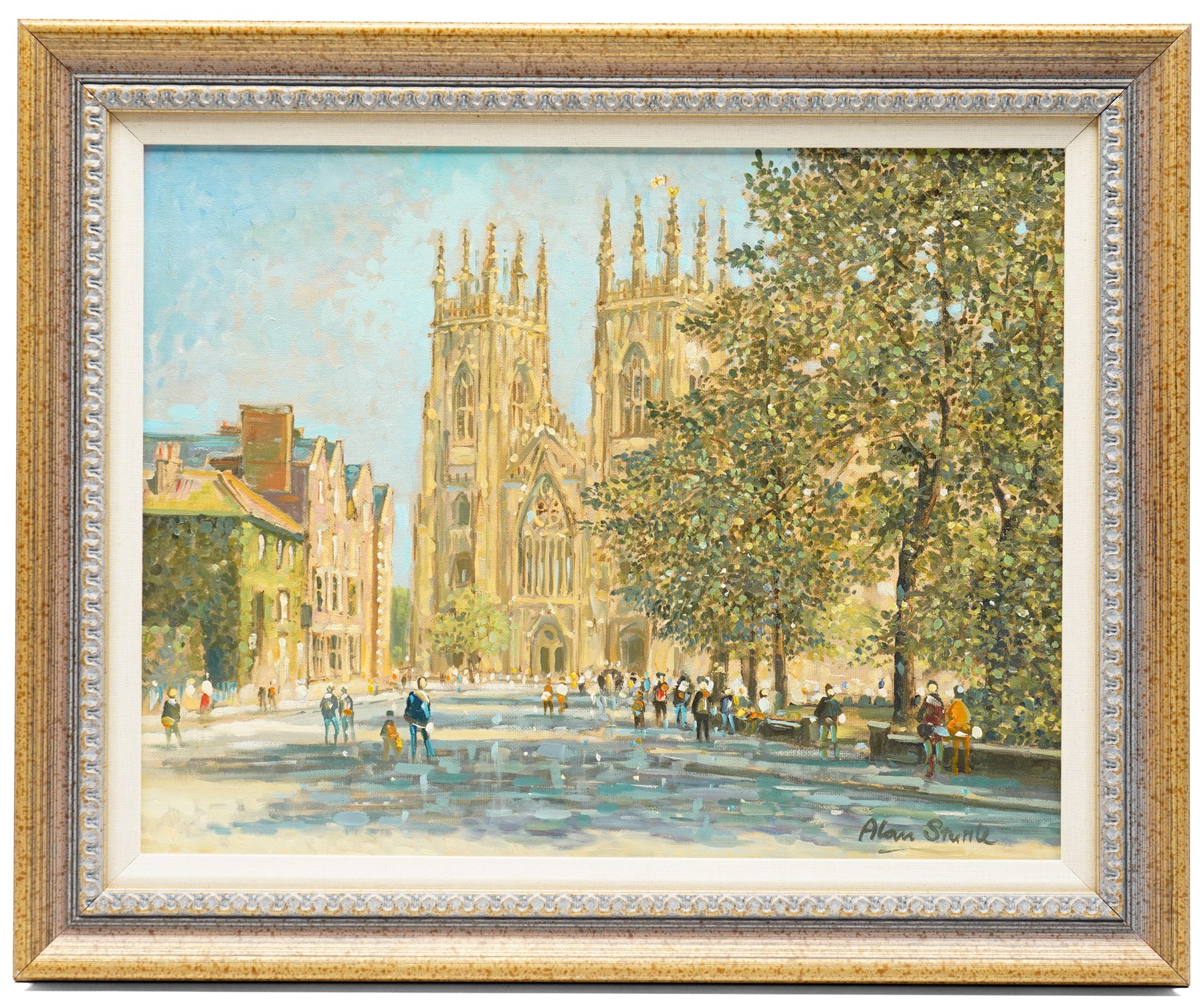 Alan Stuttle (Scarborough 1939-): York Minster in Summer, oil on canvas board signed 34cm x 44cm