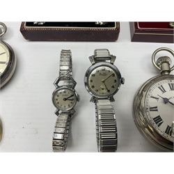 Two ladies wristwatches, each with 9ct gold back cases, on gilt straps, a silver J.W.Benson pocket watch with subsidiary seconds dial, 9ct gold stone set openwork pendant and brooch, 9ct gold filled bangle, silver jewellery, wristwatches and costume jewellery