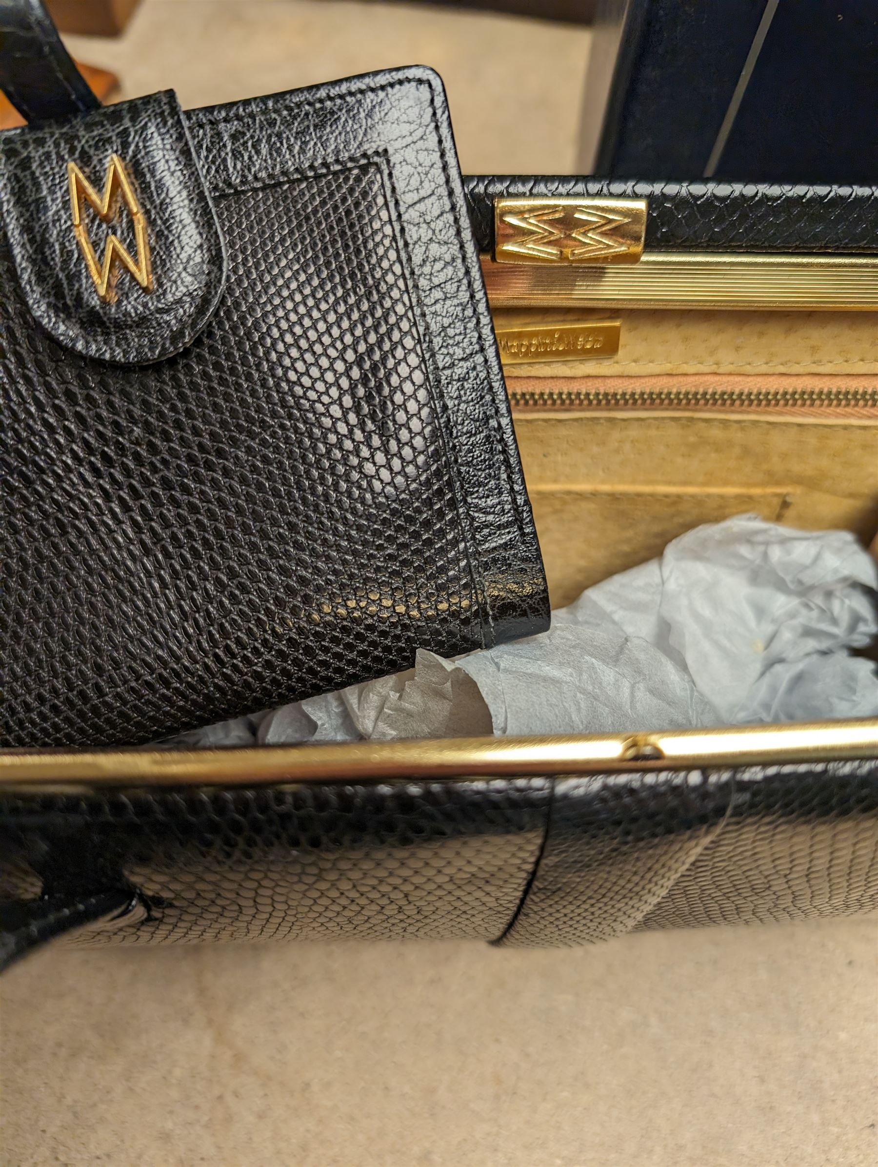 Vintage Mappin & Webb black lizard skin handbag and matching wallet, boxed