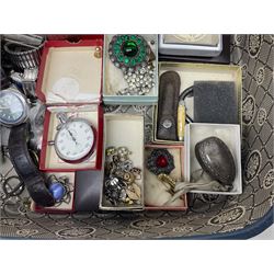 Victorian and later jewellery including silver thimble, rolled gold pendants, earrings and brooches and a collection of wristwatches including Sekonda, The Westminster Collection Historic Timepieces Spitfire pocket watch etc