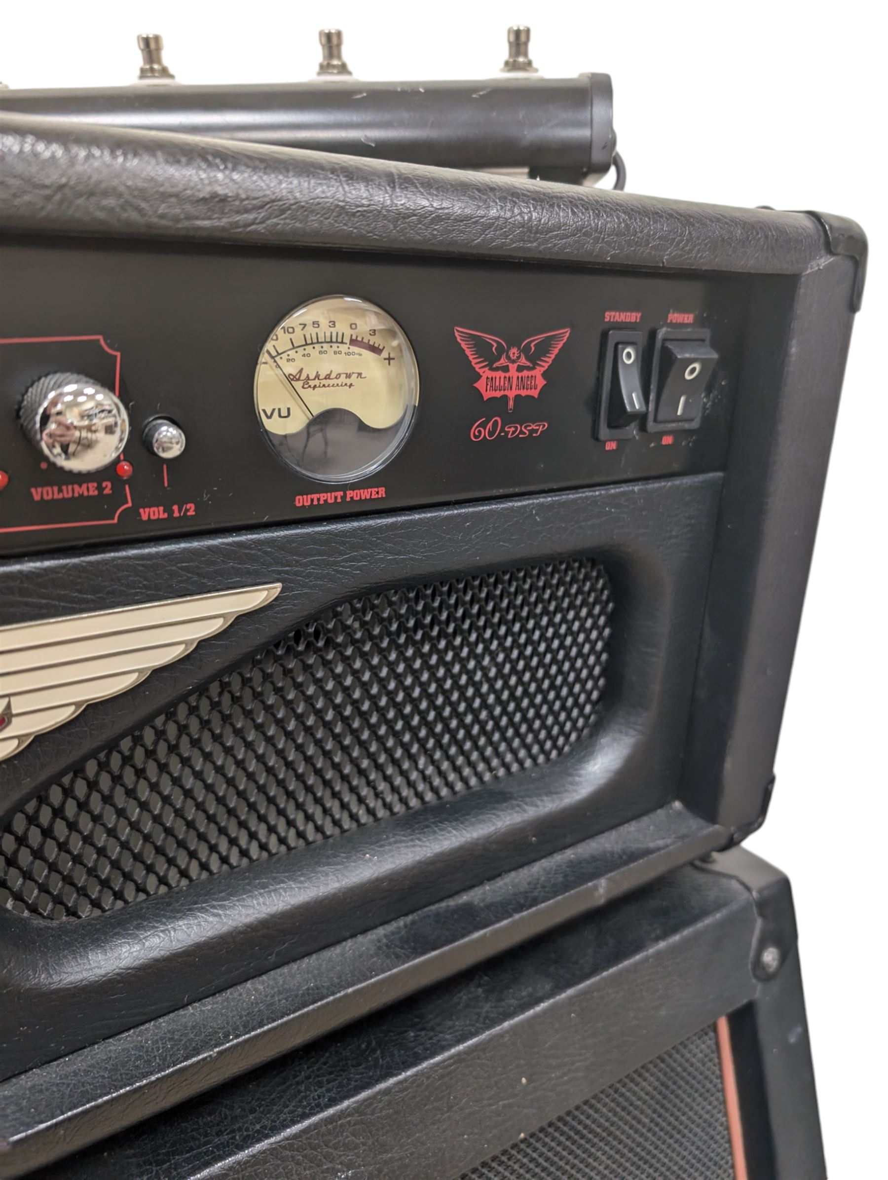 Ashdown Engineering Fallen Angel 60 DSP guitar amplifier head model no. FA60H, serial no. 18930406, 4 x 12 speaker cabinet, model no. FA 412A serial no. 20210106, and a four-button foot pedal, head H24cm, W70cm, cab H78cm, W70cm