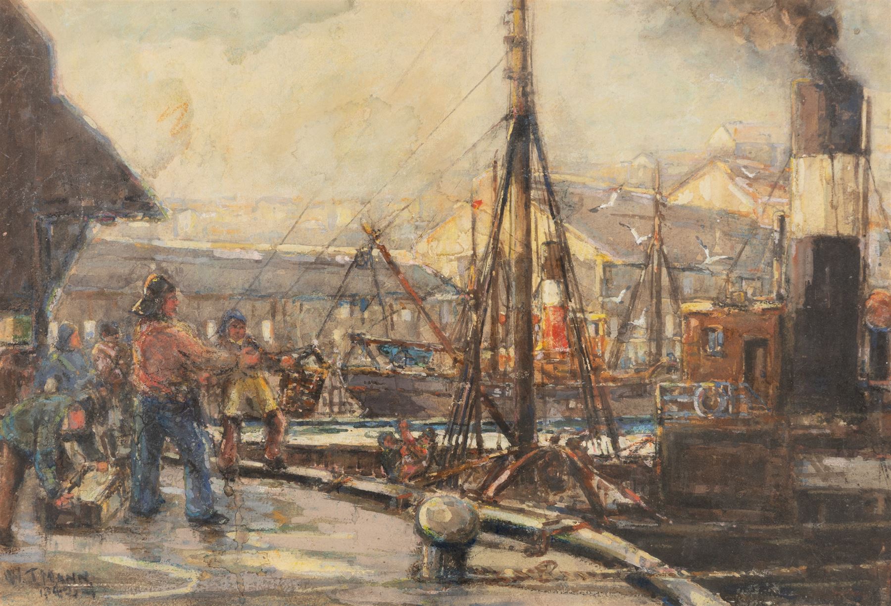 William J Mann (Scarborough mid 20th Century): Steam Trawlers by the Fish Quay Scarborough, watercolour signed and dated '49, with a study of shipping beneath mount verso 30cm x 45cm
Notes: Mann was a member of the Fylingdales Group of Artists and lived in Newby, Scarborough. 
Provenance: purchased David Duggleby Ltd 21st June 2024 Lot 21