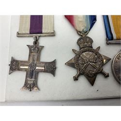 WWI Military Cross group of four awarded to Major Alfred Conrad Robinson South Lancashire Regiment and 3rd Battalion Nigeria Regiment Royal West African Frontier Force comprising MC, British War Medal and Victory Medal with oak leaf, and 1914-15 Star (to Lieut. A.C. Robinson); Military Cross London Gazette 4th June 1917. Bar to Military Cross (Capt. A.C. Robinson 3rd Bn. Nigeria Regt. RWAFF won a bar to his Military Cross (date of award 10th June 1917) for his action at Ngwembe German East Africa on 24th January 1917 for 'Handling his company with great judgement and coolness'. Recommended for a bar to his MC dated 10th June 1917 but never recorded (copy bar included with the medals).Mentioned in despatches on two occasions. Published in the London Gazette Supplements dated 31st May 1916 by Brig-Gen F.J. Cunliffe, commanding Allied Forces Northern Cameroons to the Rt.Hon. A. Bonar Law MP P.C. Secretary of State for the Colonies, H.Q. Nigeria Regiment, Lagos, 16th March 1916; and again London Gazette Supplement 7th March 1918 from Major-Gen A.R. Hoskins C.M.G. D.S.O. Late Commander-in-Chief East Africa Force to the Secretary of Stae for war 5th March 1918; together with an extensive archive of research information and the original bill of purchase from Spink & Son dated 4/11/1959