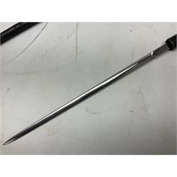 Early 20th century British Army Officer’s leather covered swagger / sword stick by Swaine & Adeney of 185 Piccadilly London; 34.5cm double edged spear point blade with etched foliate decoration and retailer’s details; stamped 'Forged in London' to the edge of the ricasso; L59.5cm overall