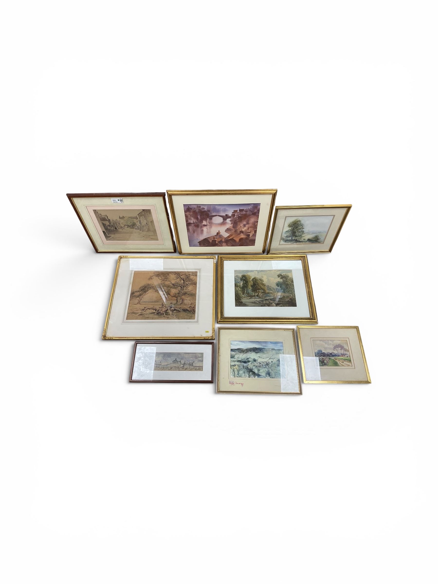 Collection of 20th Century watercolours, to include Jeremy Taylor (British 1957-): 'Sutcliffe's View - Whitby' and John Smith Atherton (British 1877-1943): Village Scene, variously signed, titled, dated and with original labels max 33.5cm x 43cm (8)