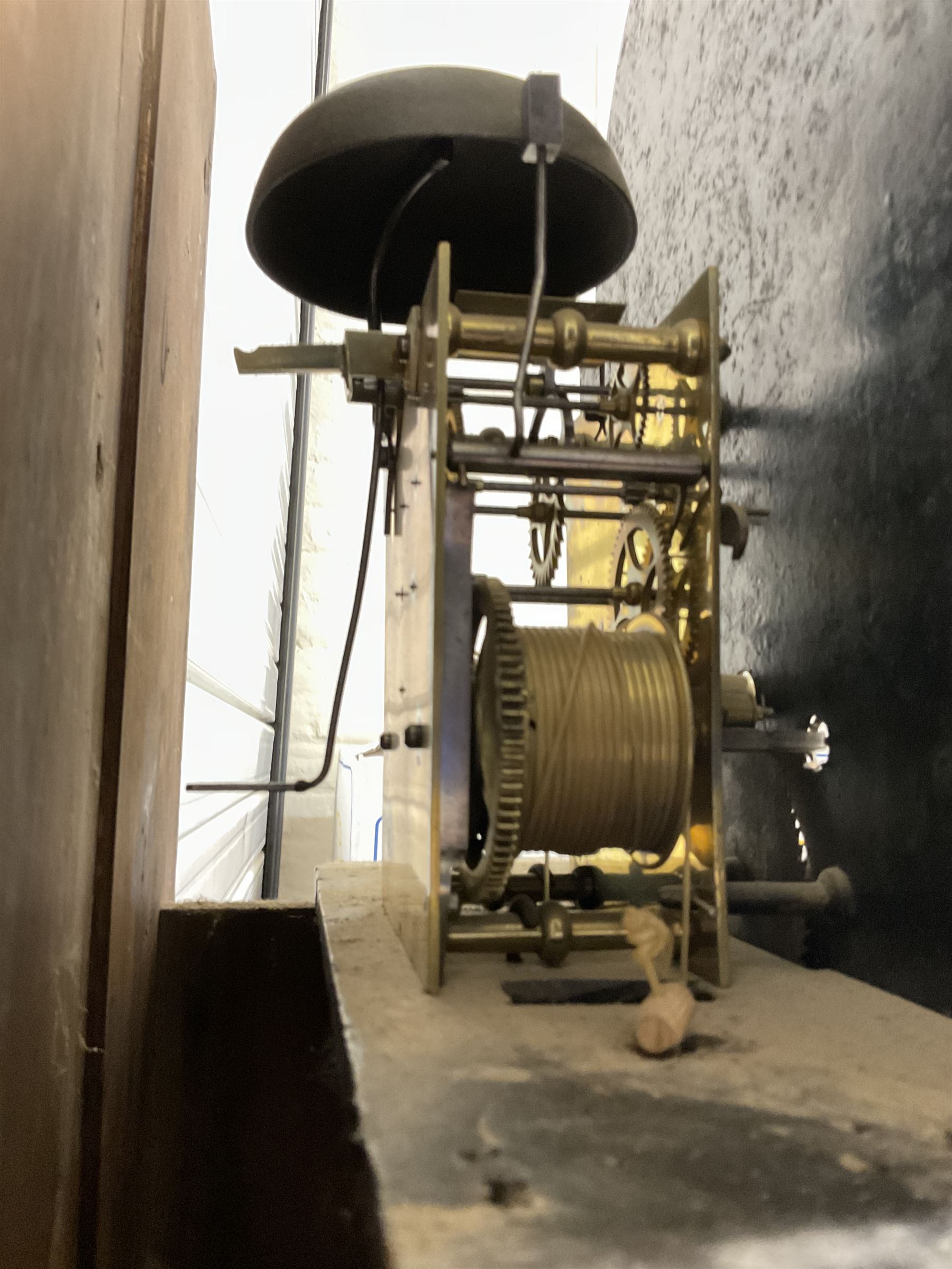 Richardson of Selby - late 19th century oak and mahogany longcase clock c 1860, with a swan necked pediment and brass paterie, break arch hood door flanked by ring turned pilasters,  oak trunk with crossbanding and a small inlaid trunk door, tall plinth with panel inlay with a shaped base,
painted dial with depictions of matching farm animals to the spandrels and a dog and small child to the arch, with Roman numerals, minute track, stamped brass hands, calendar aperture and seconds dial, weight driven rack striking movement, striking the hours on a bell. With weights and pendulum.