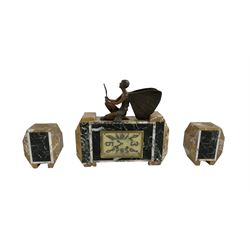 P. Melscote of Rennes - French early 20th century 8-day Art Deco clock set, case and side pieces in veined orange marble with black and white variegated marble panels, clock case surmounted by a female figure with butterfly wings, rectangular dial with elongated Arabic numerals and baton hands, Parisian count wheel striking movement striking the hours and half hours on a bell. With key and pendulum.    