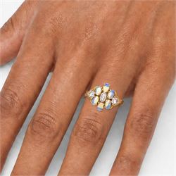 9ct gold opal, morganite and diamond cluster ring, three single cut diamond chips surrounded by six oval cut opals and two trilliant cut morganites, Birmingham 2007