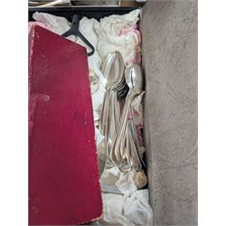 Collection of EPNS cutlery, including soup spoons, fish servers, butter knives, forks etc