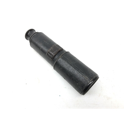  Leather covered black japanned three-drawer pocket telescope with sunshade and leather end caps, L45.5cm max and turned wooden Truncheon, L39cm (2)  