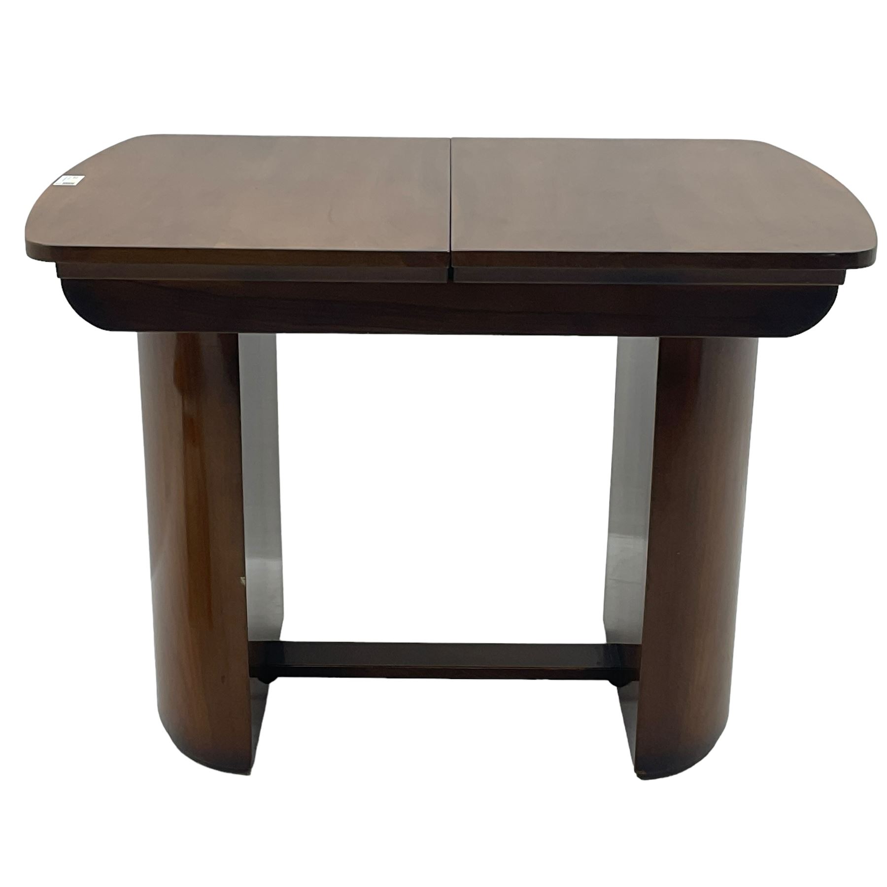 Beautility - early to mid-20th century walnut extending dining table, the additional leaf/coffee table with folding supports (76cm x 106cm - 153cm, H78cm); set of four dining chairs upholstered in teal leather 