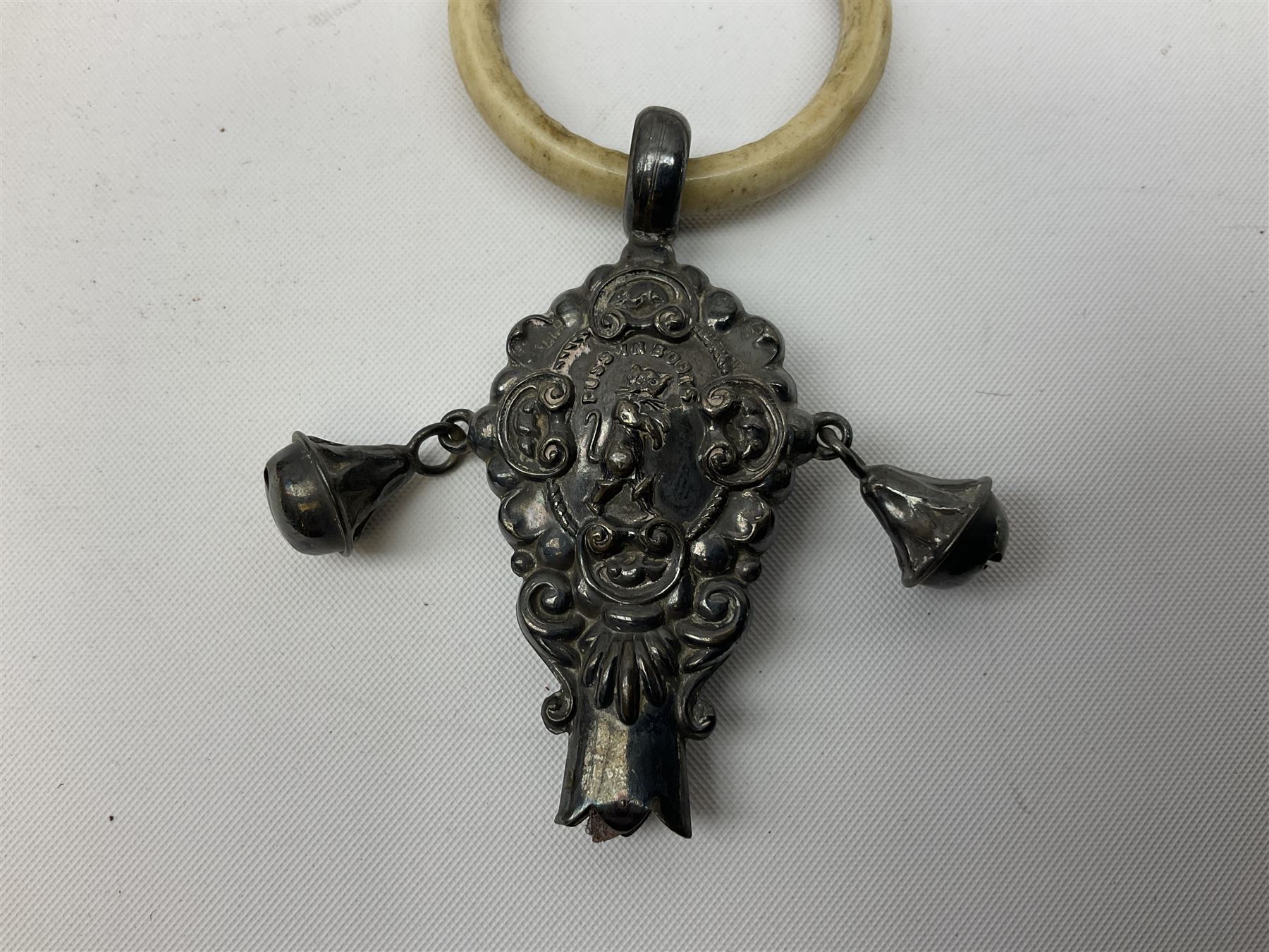 1930's silver lobster pick, hallmarked Birmingham 1936, two Victorian silver thimbles, glass dressing table jar with silver cover, part babies rattle with bone teething ring, approximate weighable silver (not including glass or rattle) 45.3 grams