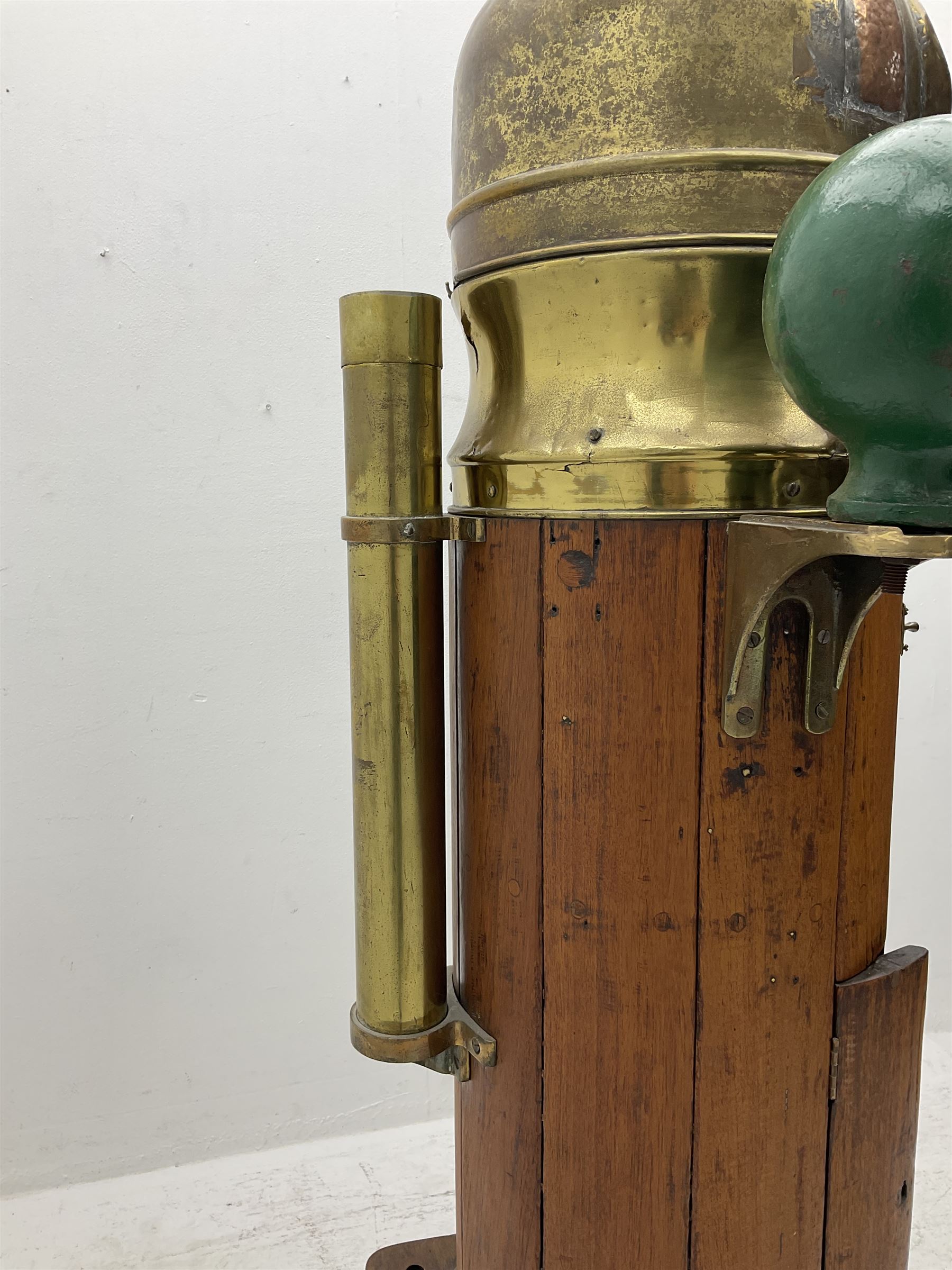 Early 20th century binnacle, with hood, gimballed compass and iron correctors, with brass plaque to the front marked 'The Dobbie McInnes patent Standard compass' 