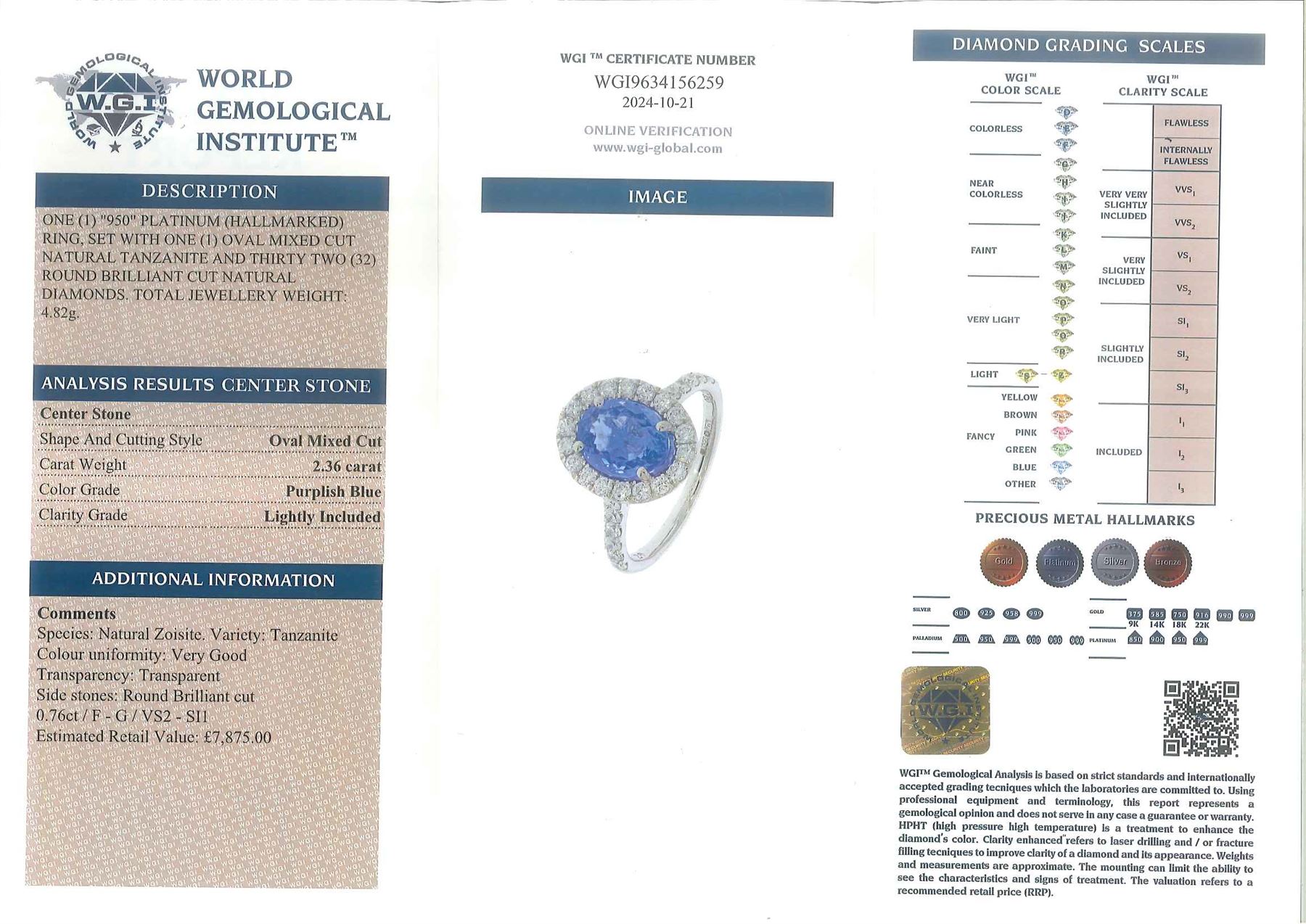 Platinum tanzanite and diamond cluster ring, single oval tanzanite of 2.36 carat, with round brilliant cut diamond surround and diamond set shoulders, hallmarked, total diamond weight 0.76 carat, with World Gemological Institute report