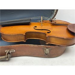 20th century French violin with 36cm one-piece maple back and ribs and spruce top L59cm overall; in mahogany stained wooden carrying case
