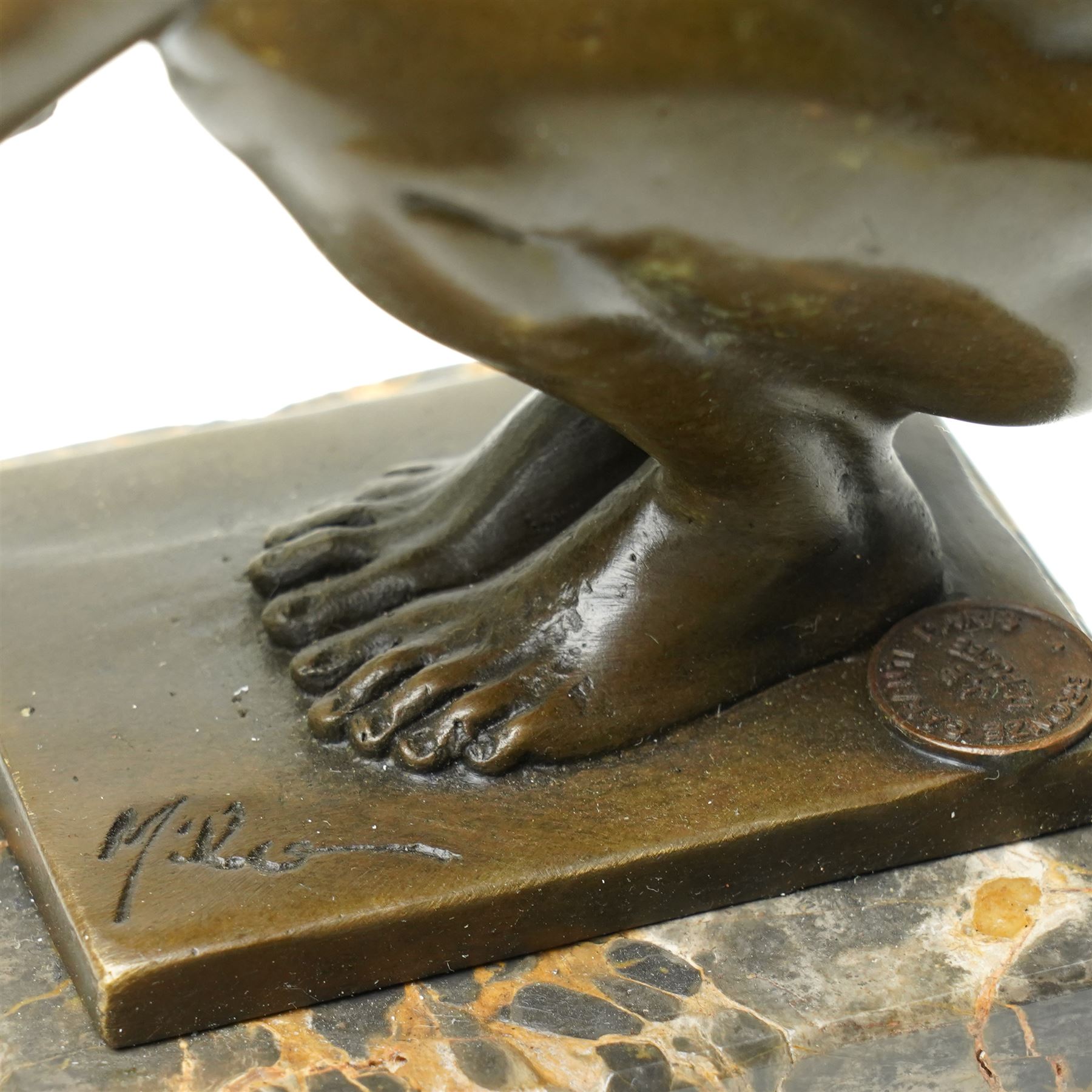 After Milo - bronze figure of a diver, upon a two tone marble base, bearing signature and foundry mark, overall H23cm