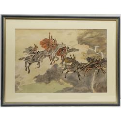 John Armstrong (British 1924-2018): Ride of the Valkyries, watercolour unsigned 37cm x 53cm; Eric Kincaid (British 1931-): 'The Japanese Princess', watercolour signed with initials, titled on exhibition label verso 16cm x 21cm (2) 
Provenance: Armstrong with Sulis Fine Art, label verso. Probably a sketch for a book illustration.