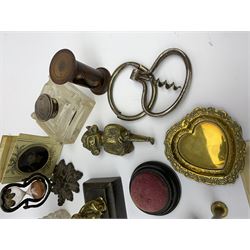 Inkwells, corkscrews, dressing table jar, buckles, pin cushions, various coins including USA 1905 quarter dollar, Queen Victoria 1858 penny etc and other miscellaneous collectables 