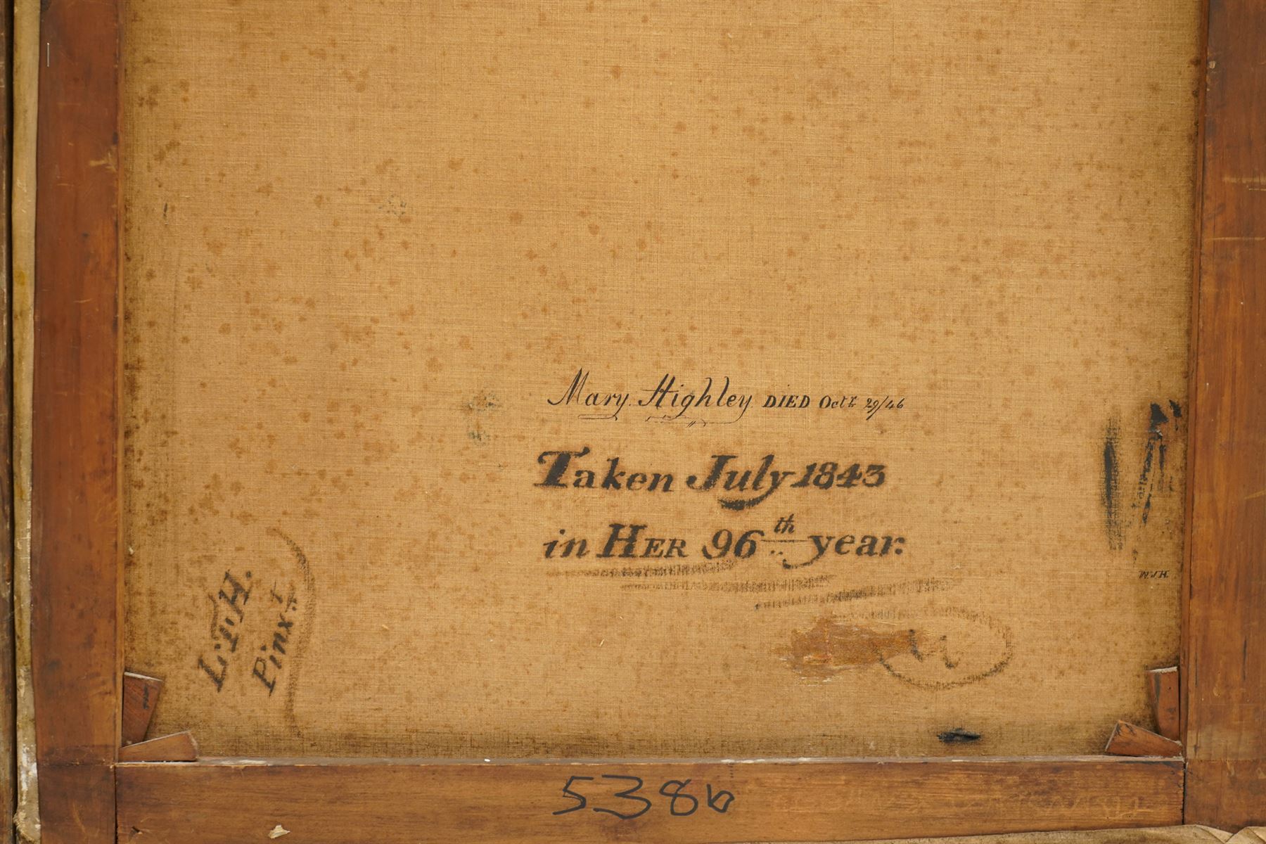LTH (British Mid-19th century): Portrait of Mary Highley Aged 96 Holding a Holy Bible, oil on canvas signed inscribed and dated 1845 verso 90cm x 70cm