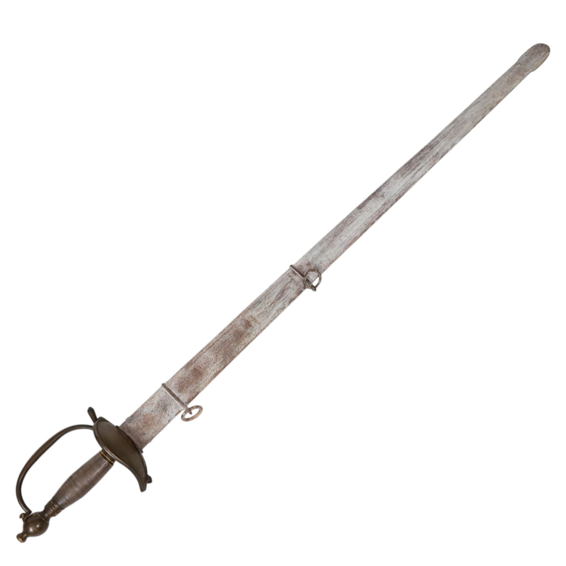 British Georgian Officers Sword, with 83cm double edged fullered blade engraved with with motifs and Osborn along with Warranted, with brass heart shaped guard and faux wire bound grip, with scabbard with twin suspension rings, overall length 100cm