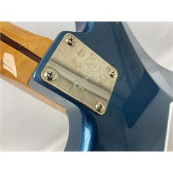Fender Stratocaster style electric guitar in metallic blue with Rio Grande pick-ups and Fender back-plate L98cm; in Fender soft carrying case