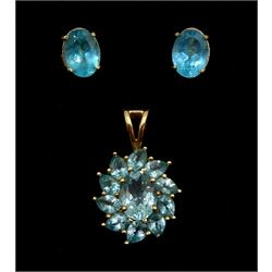 Pair of 9ct gold oval apatite stud earrings and a similar gold cluster pendant, hallmarked or tested