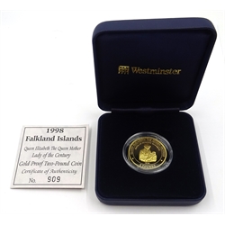 Queen Elizabeth II 1998 Falkland Islands 'Queen Elizabeth The Queen Mother Lady of the Century' gold proof two-pound coin, struck in 14 carat gold, cased with certificate, number 909