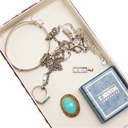 Silver jewellery, including Baltic amber cross pendant, locket, chains and ring, together with Raymond Weil wristwatch, imitation pearl necklace and a collection of costume jewellery including bead necklaces