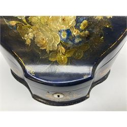 Victorian papier-mâché stationary box, of rounded wedge form with mother of pearl escutcheon, the hinged and curved cover and sides hand painted with floral sprays, opening to reveal a lined and fitted interior, H15cm L22cm D16cm