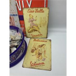 Collection of enamel and collectable badges, costume jewellery, postcards and eight scooter related tin signs, etc