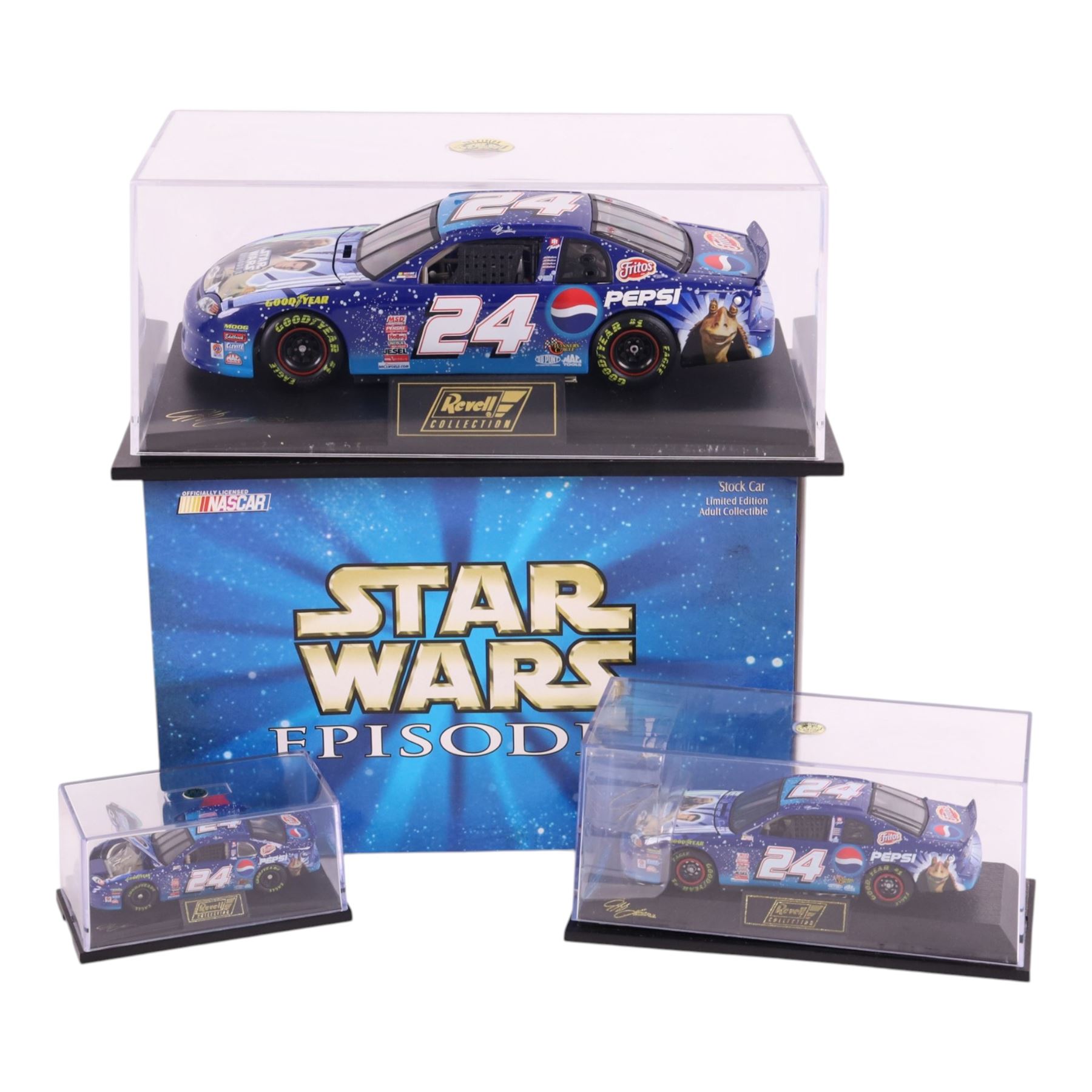Five Jeff Gordon #24 NASCAR diecast stock car models all with Star Wars Episode I / Pepsi Racing livery, in various scales, including a boxed 1999 limited edition release Action Pedal example and four Revell examples, three with acrylic display cases, together with two Pepsi limited edition Star Wars R2-D2 clocks and two C-3PO electronic heads