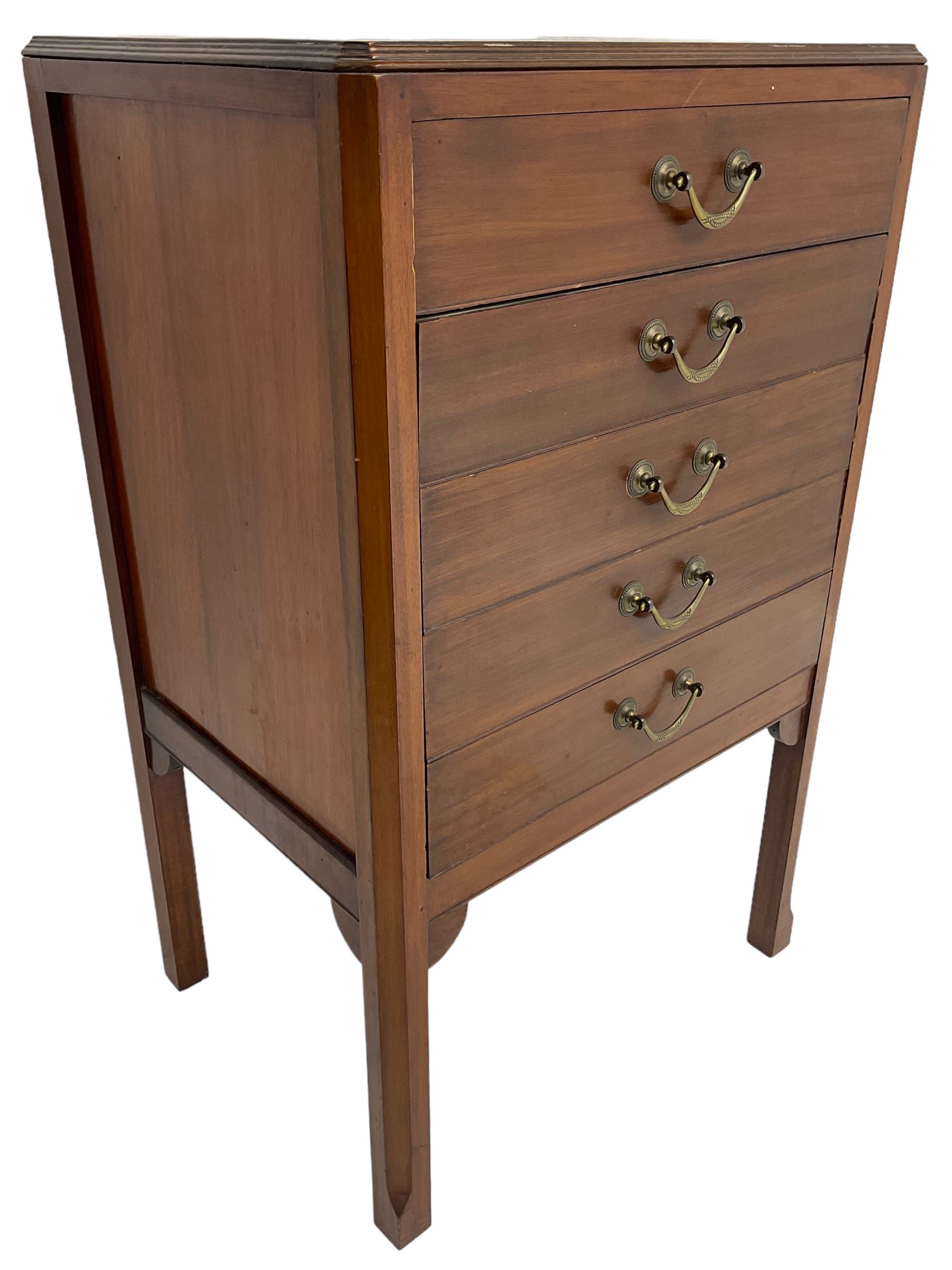 Edwardian mahogany five-drawer music cabinet, moulded top over five drawers with fall fronts, on chamfered square supports 