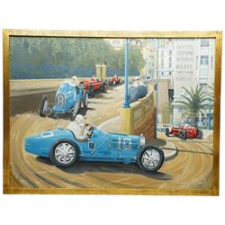 Derek Anthony Brooks (British 20th century): Monaco Grand Prix 1933 Featuring Alfa Romeos and Boat-Tail Bugatti's, oil on canvas signed and dated '94, inscribed verso 75cm x 100cm
Notes: verso reads 'A Famous Race - Varzi (Bugatti) and Nuvolari (Alfa Romeo) raced together for 99 of the 100 laps, swapping the lead continuously until Nuvolari's car blew up (piston) on the last lap. All other cars were lapped except the Alfa of Borzacchini who finished 12 secs behind Varzi.' 