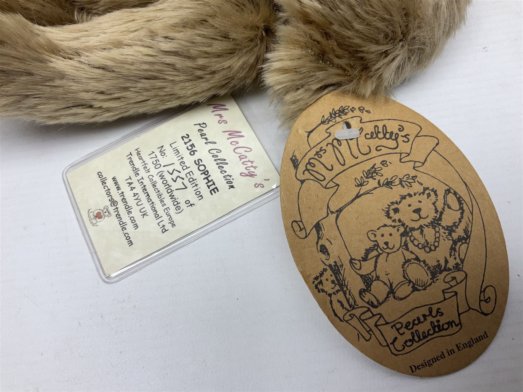 Seven modern Steiff teddy bears comprising two limited edition '1908 Paul the Growler' bears Nos.1124/3000 and 1310/3000; 028649 Classic Teddybear 23; 005992 Classic Teddybear 28 (black); 071249 Mungo Meerkat 30; 079139 Reclining dog for American Kennel Club; and 029561 Petsy gespitzt (1928) 16cm; together with a Mrs. McCatty's limited edition 2156 Sophie bear No.1557/1750; all unboxed but most with labels (8)