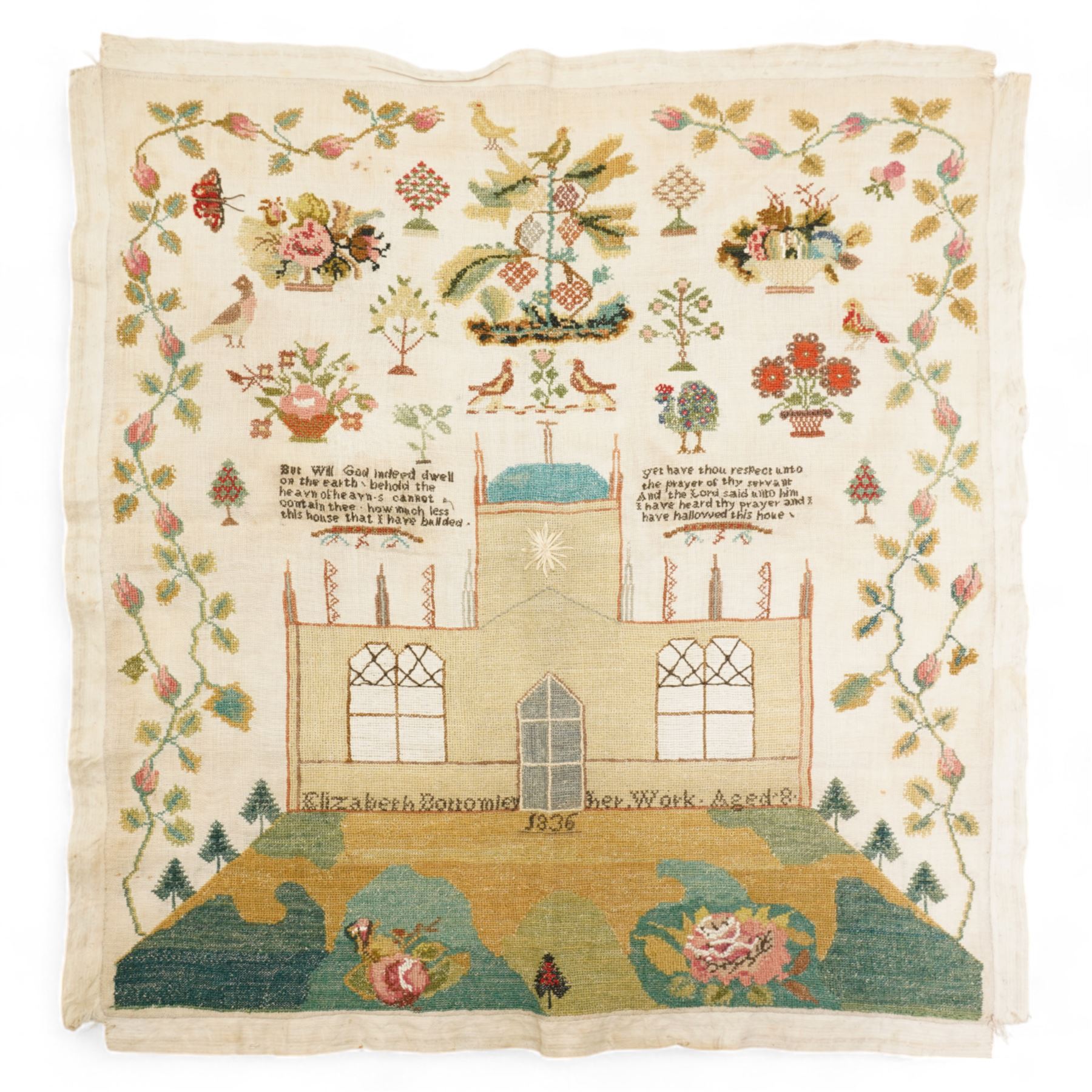 19th century needlework sampler by Elizabeth Bottomley aged 8, 1836 with large building to the centre with trees, verse, flowers 58cm x 52cm unframed