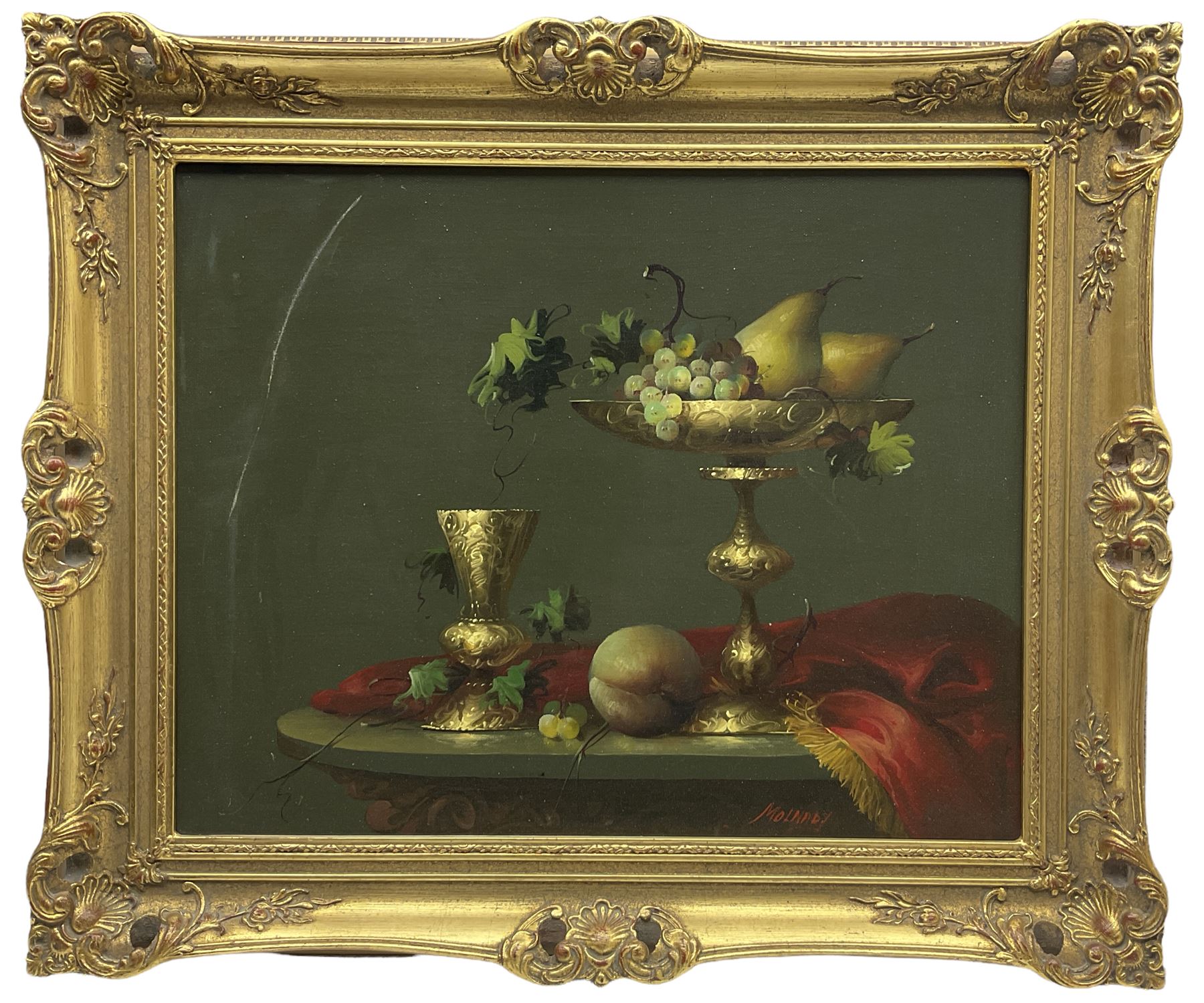 Jozsef Molnar (Hungarian 1939-): Still Life with Tazza Cup and Fruit, oil on canvas signed 39cm x 50cm
