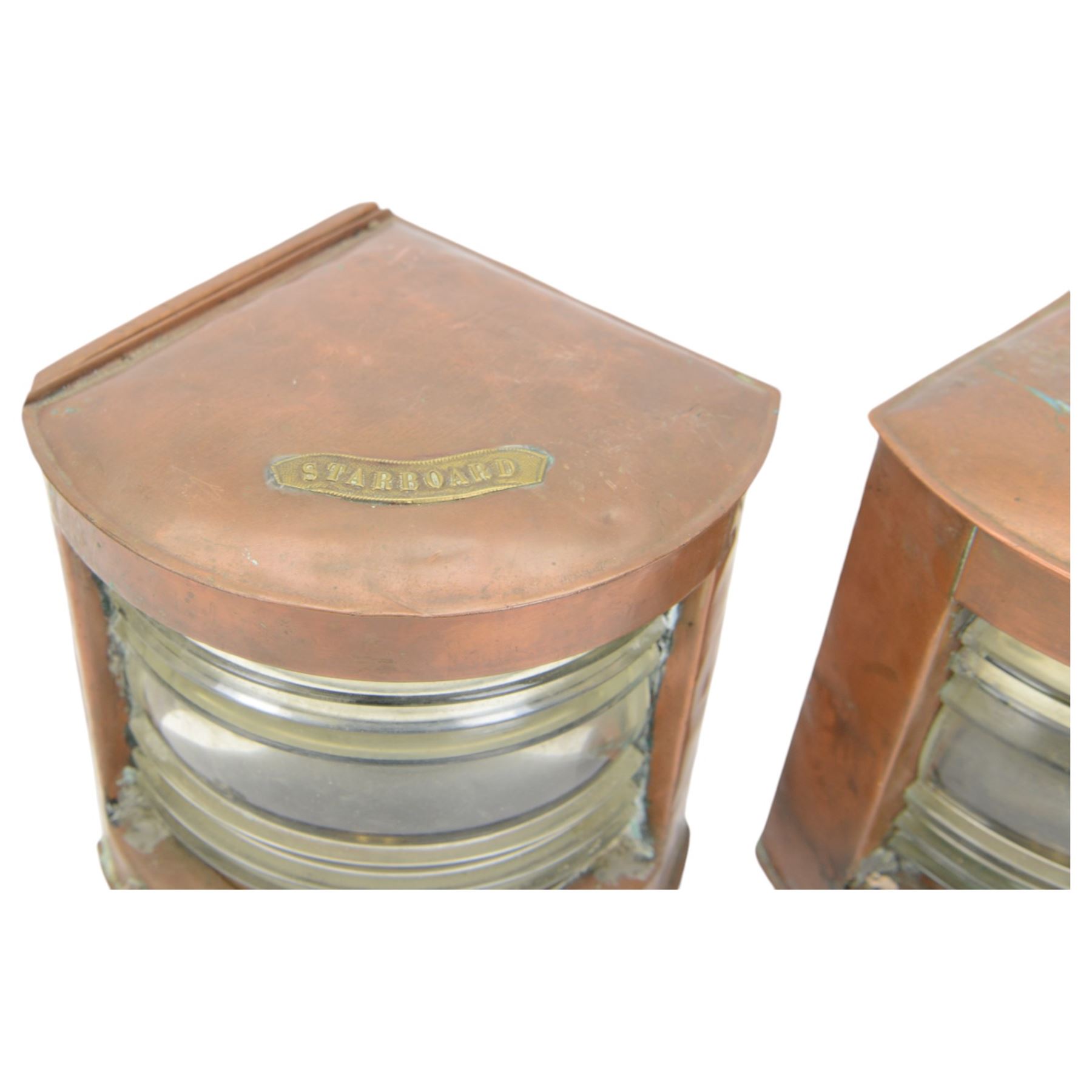 Pair of 'Starboard' and 'Port' copper ship's lamps, of bow-fronted triangular form, H22cm