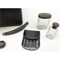 Vanity case, with dark green satin lining and cut glass silver topped dressing table jars, together with wooden writing slope and a carved wooden letter holder. 